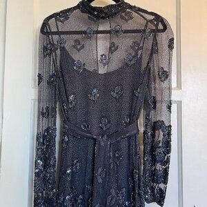 Vintage 80s 90s flapper beaded sequined navy evening dress sz medium.